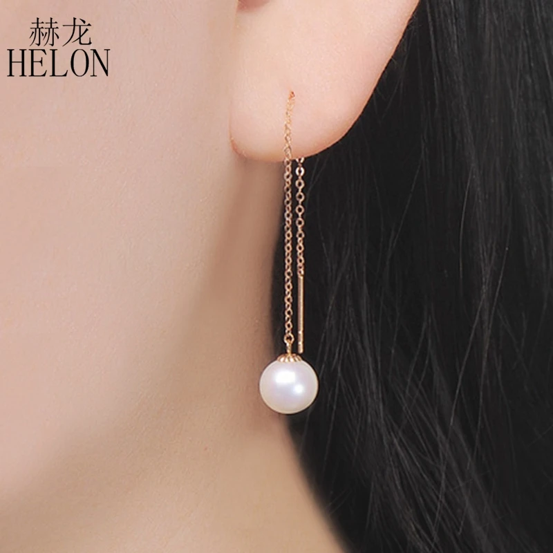 

HELON Au750 18k gold dangle drop earring with 7-7.5mm Genuine Round high luster pearl long chain tassel design earring for women