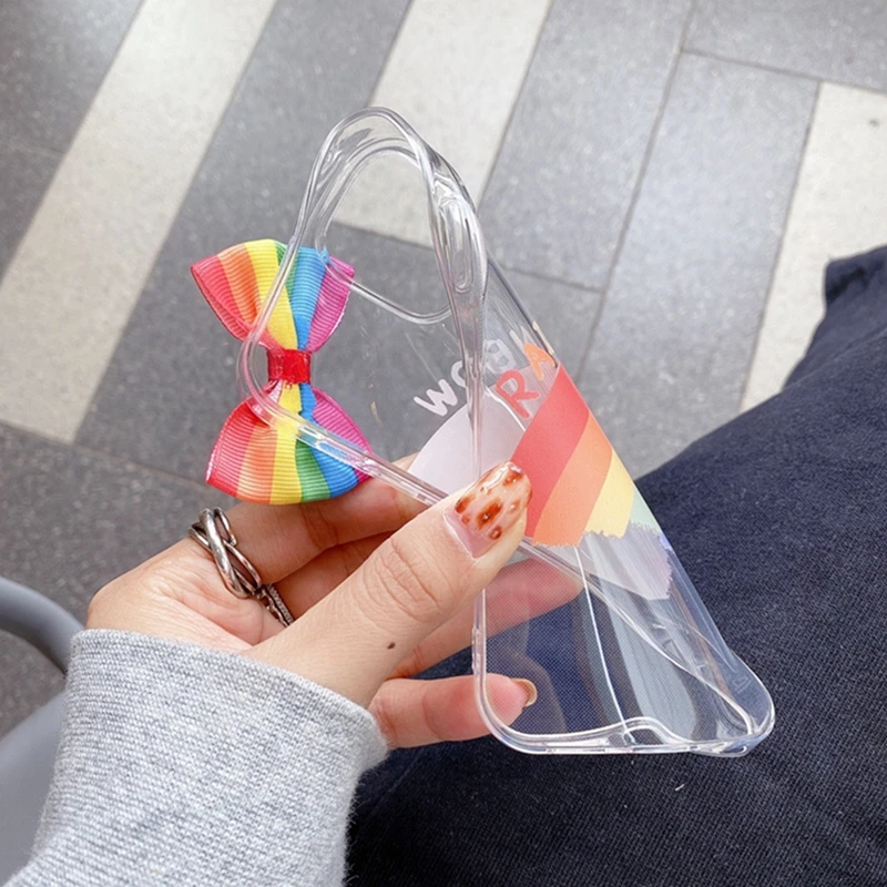 

Cute Rainbow Transparent Phone Case For iPhone 11 12Pro Max XR Xsmax X 7 8 Plus 12mini SE 20 Candy Color 3D Bow TPU Back Cover