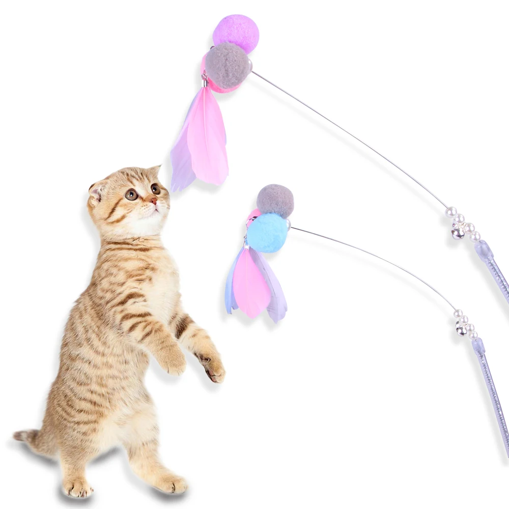 

1pc Cat Teaser Wand Feather Beaded Decor Cat Interactive Toy Cat Charmer Wand With Pompom Bell Colorful Pet Supplies Cat Favors