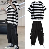 men sets striped ankle length trousers plus size 3xl summer korean hip hop chic leisure fashion loose safari style teens new ins