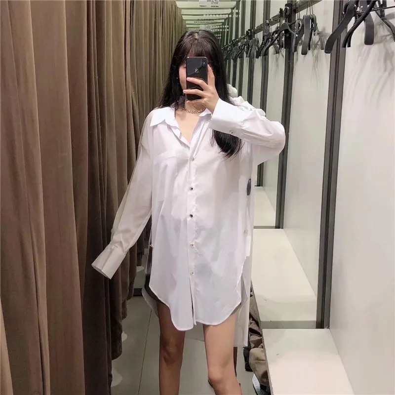 

PSEEWE Za White Oversize Long Shirt Women Long Sleeve Large Size Blouses Woman Casual Spring Irregular Hem Button Up Ladies Tops