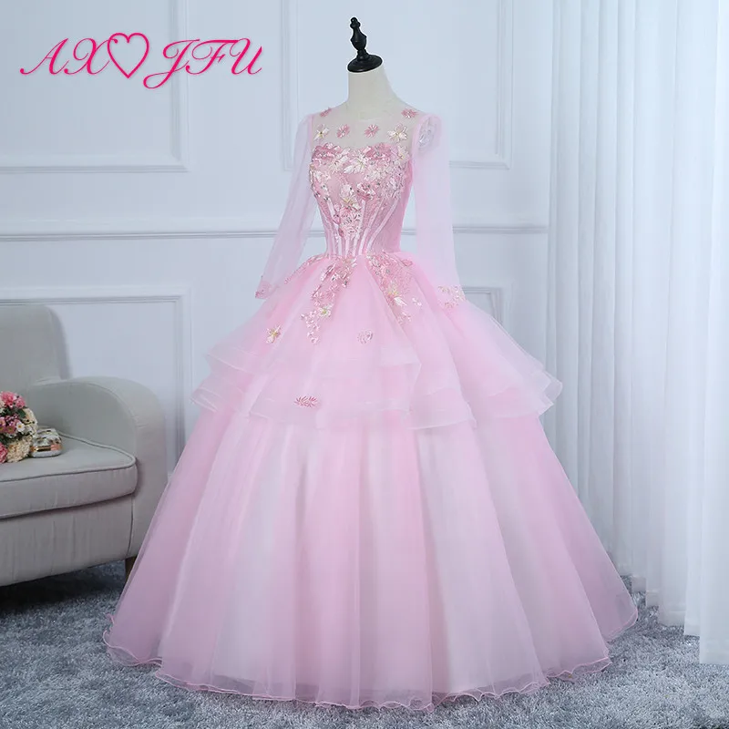 

AXJFU luxury princess pink lace bride evening dress vintage o neck beading long sleeve flower host ball gown evening dress