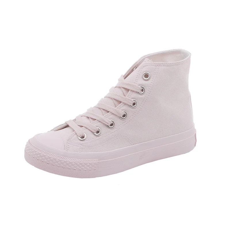 

2020 Spring New Canvas Shoes Women Flat Sneakers Pink Casual Shoes Lace Up High-top Solid Color Flats Good Quality 35-40 Trainer