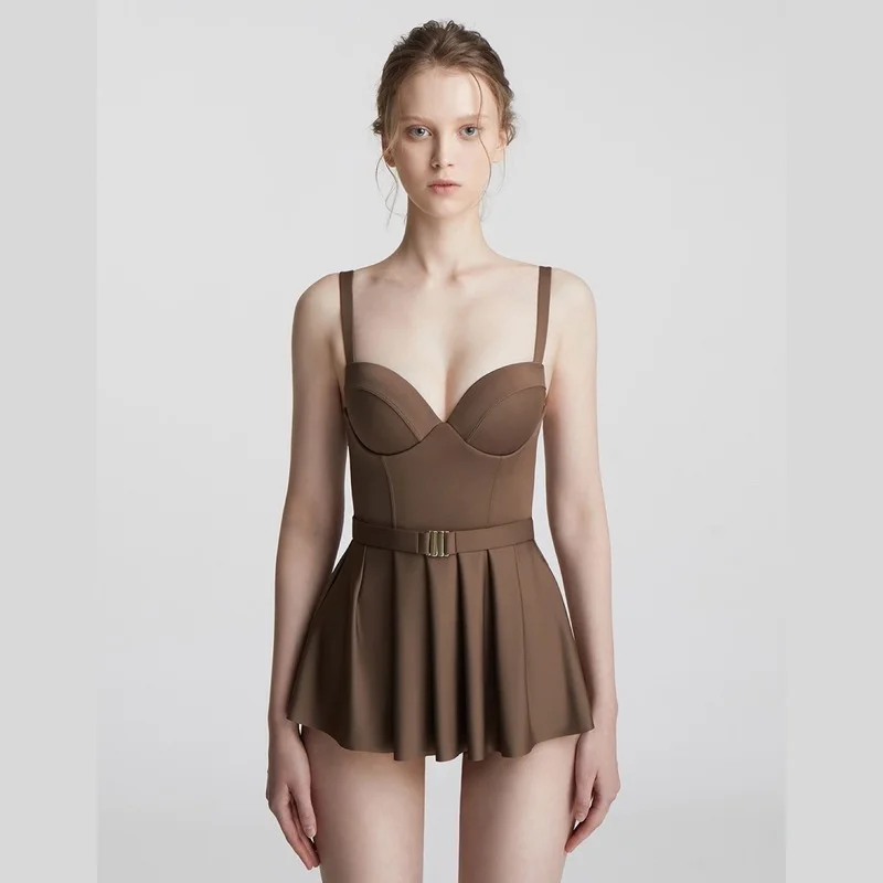 

Новинка 2021, Цельный купальник с юбкой, Женский однотонный купальник в японском и корейском стиле ins, популярный весенний Купальник для женщи...