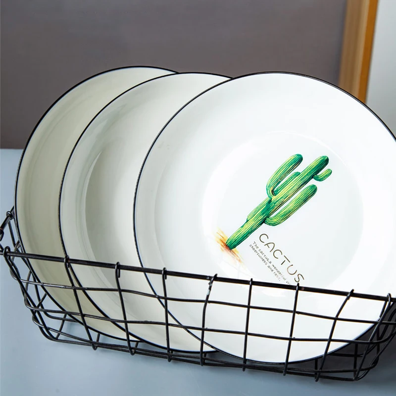 Креативная круглая квадратная керамическая тарелка с КАКТУСОМ и черным краем