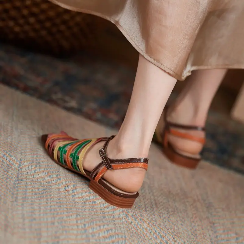 

Krazing Pot full grain leather Bohemian style colorful low heels summer shoes peep toe party buckle straps women sandals L11