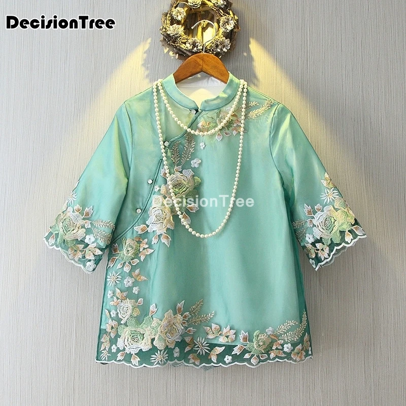 2021 Сетчатая ткань Китайское платье для женщин с вышивкой топ qipao Свободная блузка