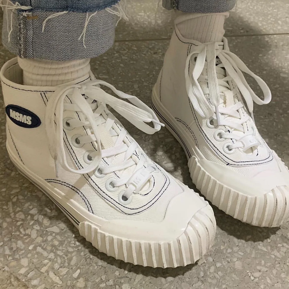 Ins/парусиновая обувь на высоком каблуке Женская черно белая в стиле ретро