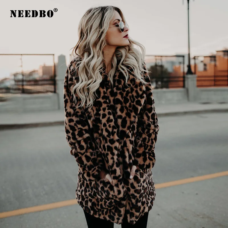 NEEDBO Faux Fur Coat Women New Winter Fashion Leopard Print Outerwear Warm Long Sleeve Artificial Fur Jacket Plush Clothing