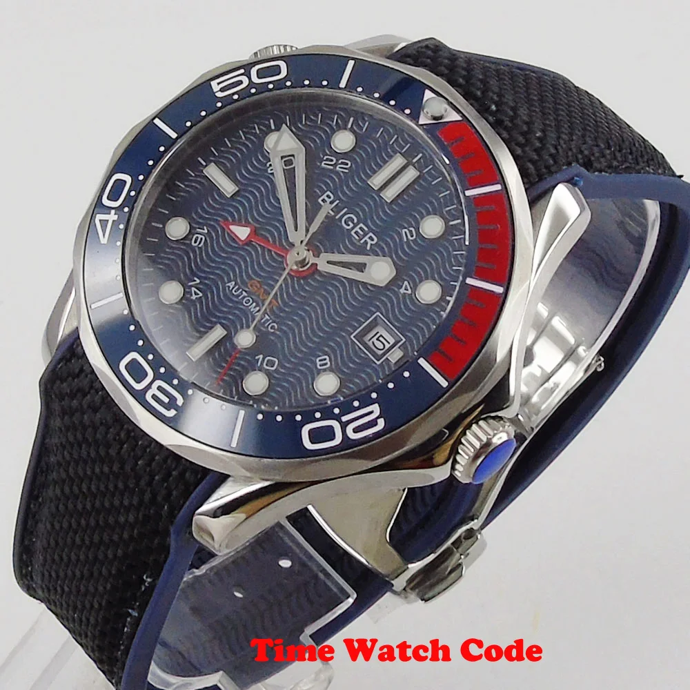 Мужские автоматические наручные часы Bliger 41 мм GMT синий циферблат индикатор Даты