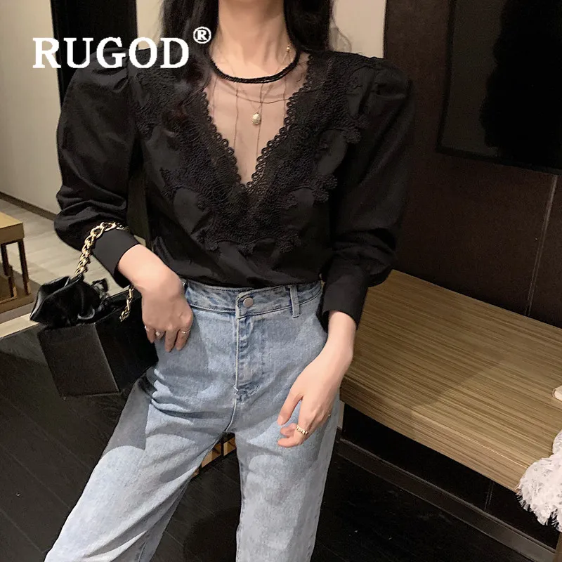 RUGOD кружевная блузка с пышными рукавами женские блузки длинным рукавом