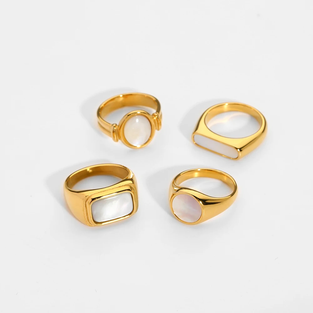 

New Mother Shell Square Round Ring PVD 18K Gold Plated 316L Stainless Steel Rings For Women White Shell Ring Tarnish Free Ring