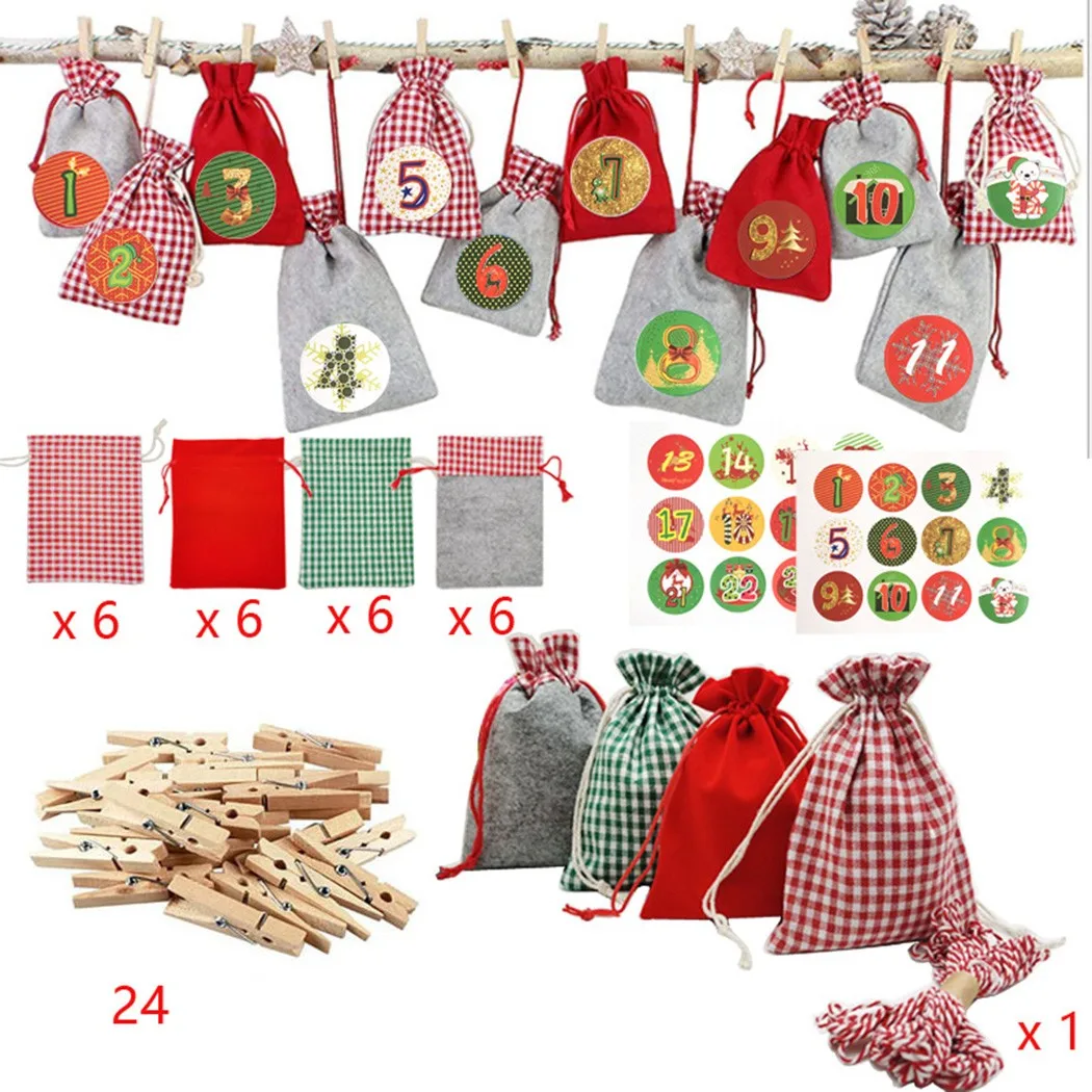 Bolsa de arpillera con cuenta regresiva para calendario de Adviento, bolsa de almacenamiento de dulces para Navidad y manualidades, de 1-24 n&uacute;meros, en Stock, 24 piezas-0