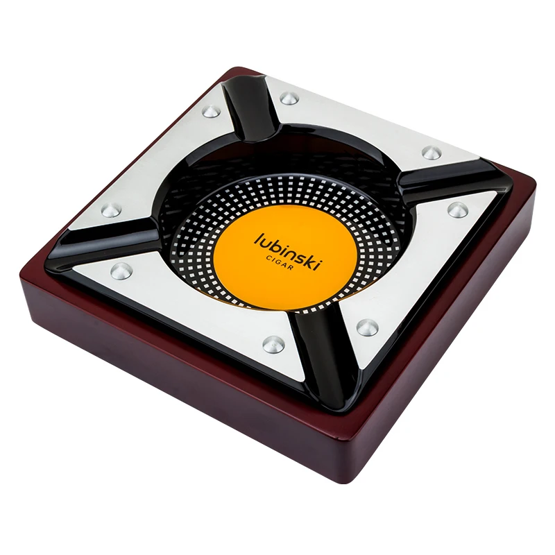 

LUBINSK Creative Square Wood Cigar Ashtray Metal Ash Tray Office & Home Ashtray 4 Cigars Holder Ash Slot Fit COHIBA Cigars