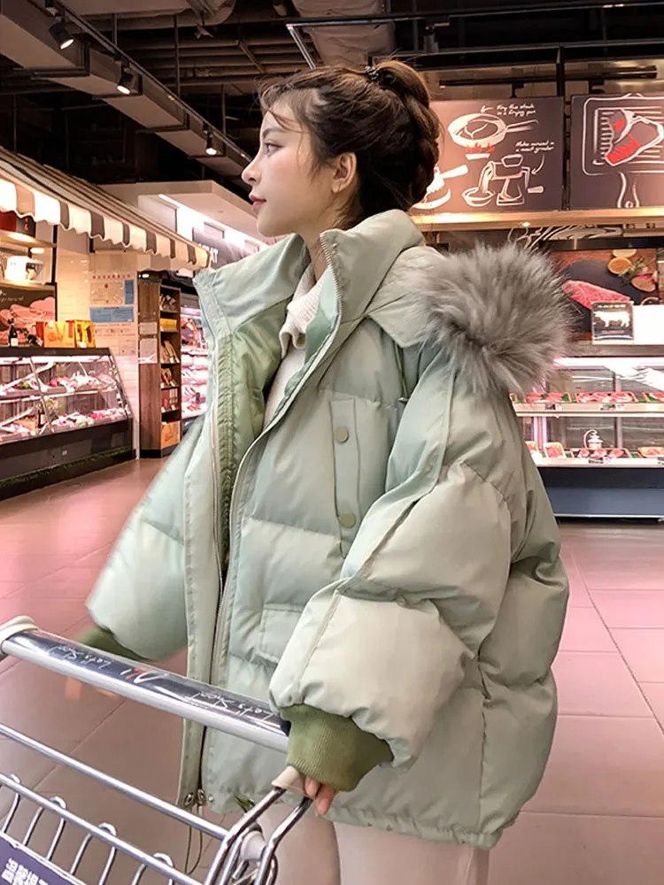 2021 New Winter Cotton Jacket Women Short Cotton Padded Parka Big Fur Collar Loose Bread Warm Coat Korean Solid Color Outerwear