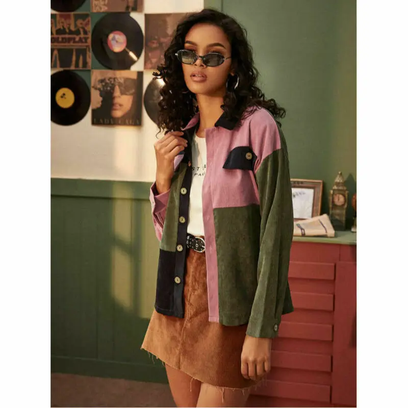 

Winter Women Corduroy Coat Long Sleeve Slim Fit Patchwork Jacket Coat Loose Streetwear Buttons Jackets Tops