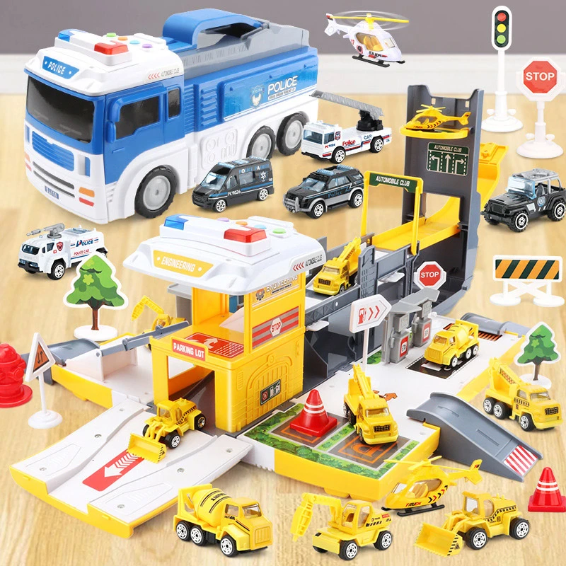 

3D City Police Station Railway Tracks Alloy Car Engineering Fire Truck Track Car DIY Model Building Kits Assembly toys for kids