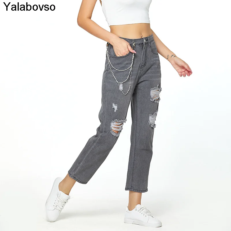 

2021 Loose Jeans Women's Large Jeans Street Holed Pants For Fashion Lady Gray Color Denim Trousers