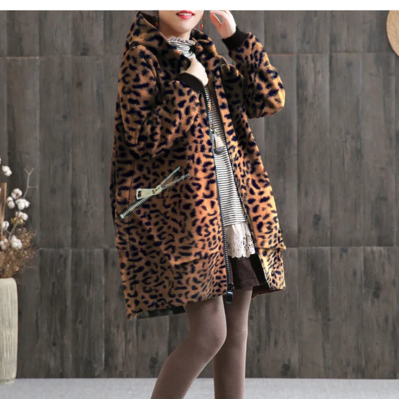 

GAMPORL Faux Fur Coat Large Size Hooded Clothes Fashionable Leopard Print Clothes With Zipper Pockets Luxurious Warm Clothes