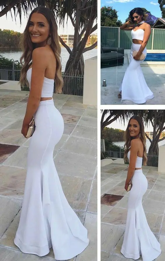 

Sexy Long White Two Pieces White Sweetheart Prom Dresses Mermaid Drapped Backless Custom Formal Party Dress Robe Soiree Femme