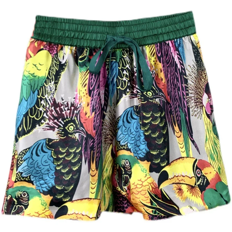 

2021 Summer New Mulberry Silk Retro Casual Pants Women Wide-legged Magpie Print Loose Shorts Fitness Jogging Sport Short Pants