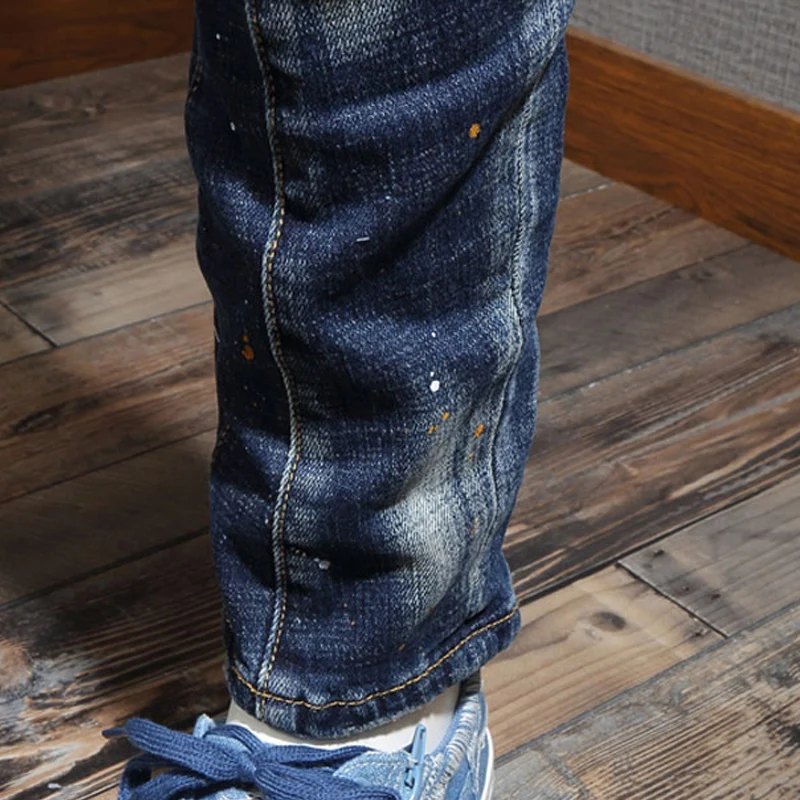 

Italian Style Fashion Men Jeans Retro Blue Elastic Slim Fit Ripped Jeans Men Patch Painted Designer Hip Hop Denim Punk Pants