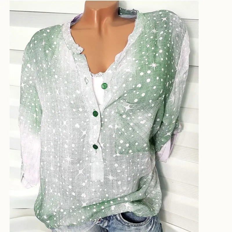 

plus size print pullover button woman blouse spring autumn basic slim fashion o-neck half sleeve female shirts korean