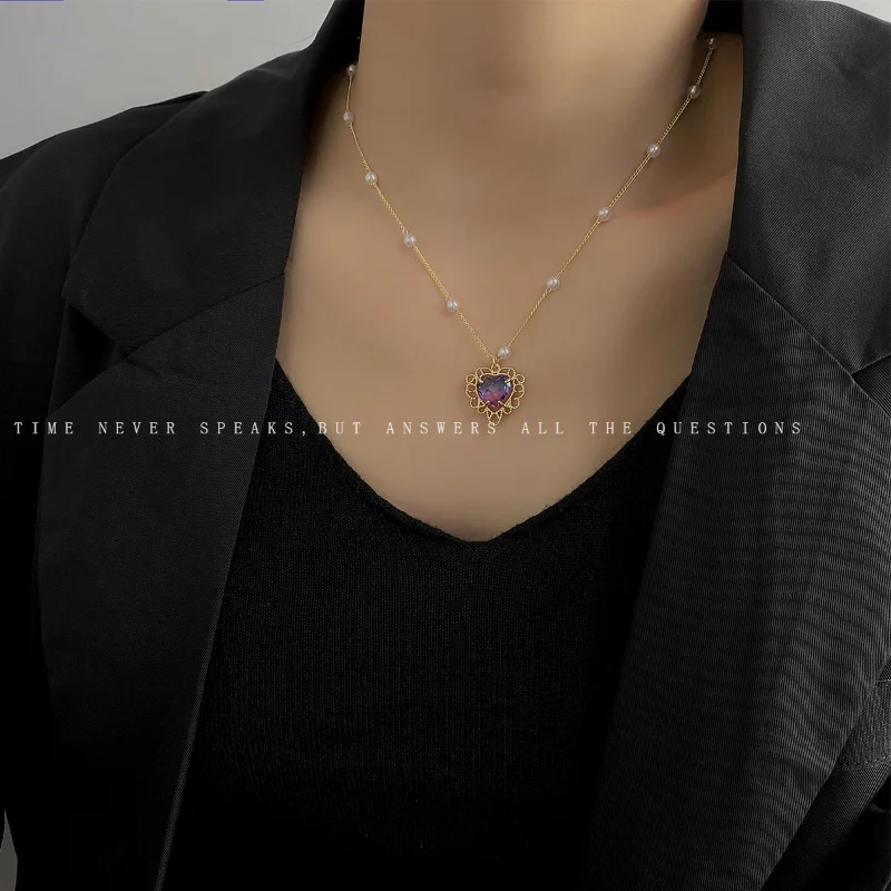 

Vintage Amethyst Necklace Courtly Style Sweet Cool Pearl Collarbone Chain Female Temperament Personality Peach Heart Necklace