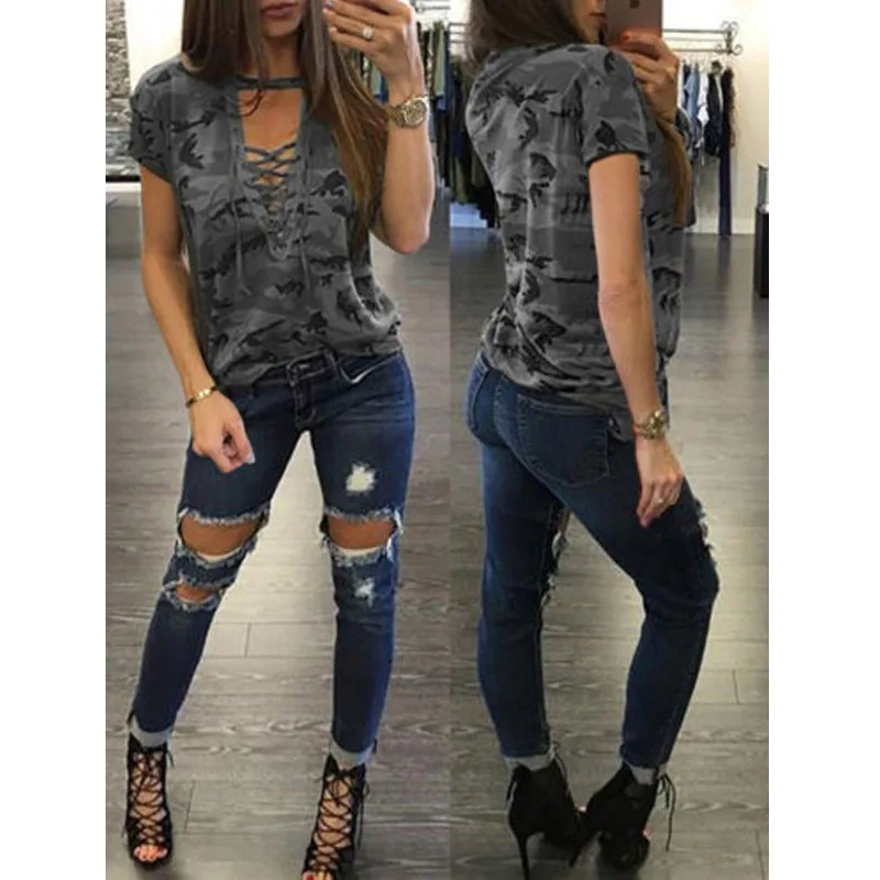 Лидер продаж летняя женская блузка камуфляжной расцветки на шнуровке с