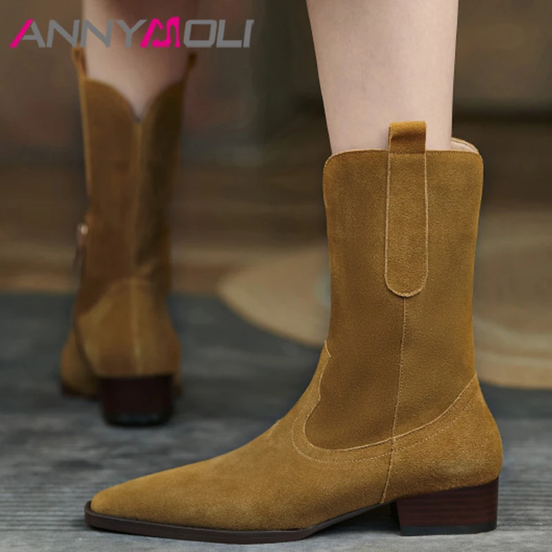 

ANNYMOLI Cow Suede Western Boots Genuine Leather Shoes Women Thick Low Heel Med Calf Boot Pointed Toe Zipper Ladies Boots Autumn