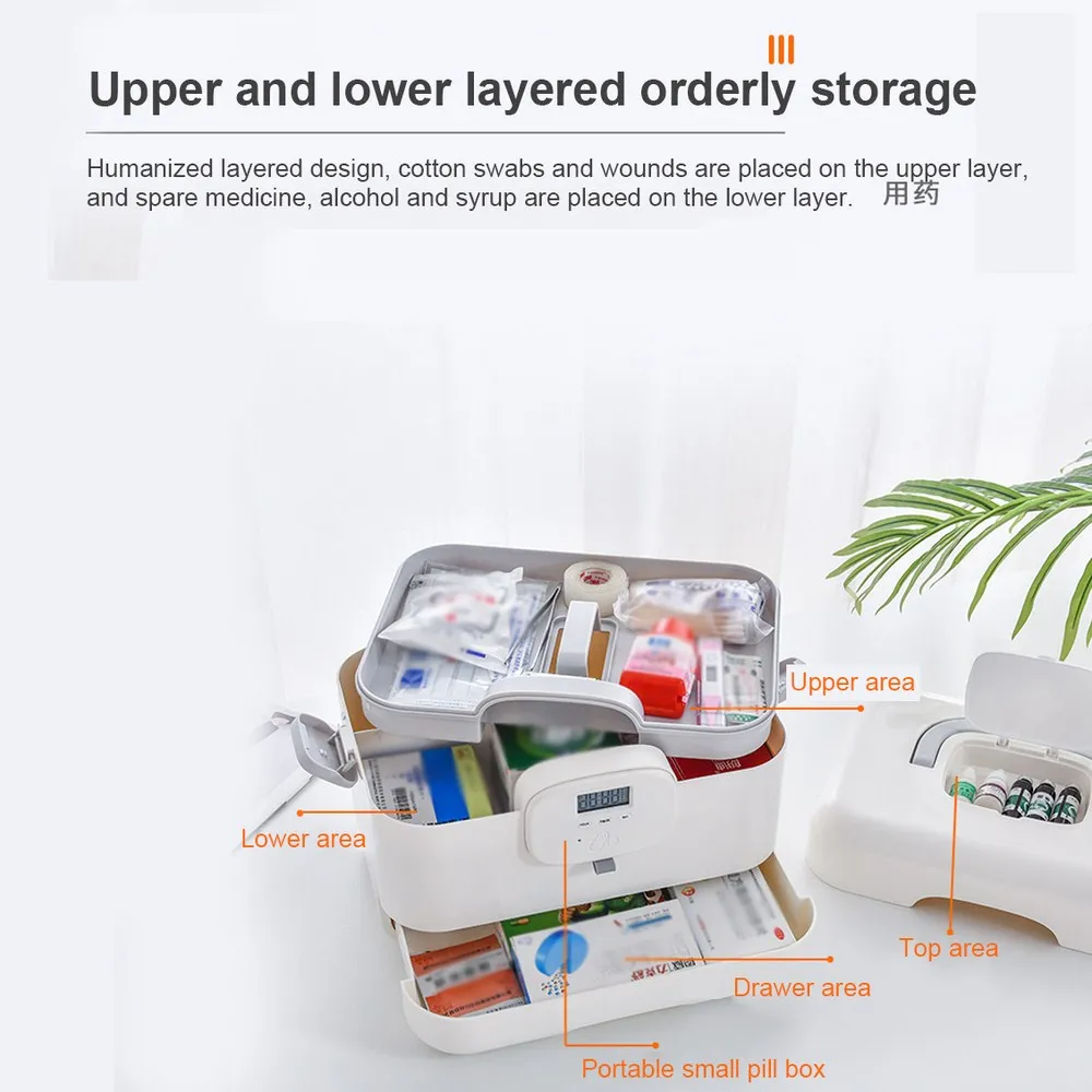 

Plastic Storage Box Medicine Box Organizer Multi-Functional Portable Medicine Cabinet Family Emergency Kit Box with Alarm Clock