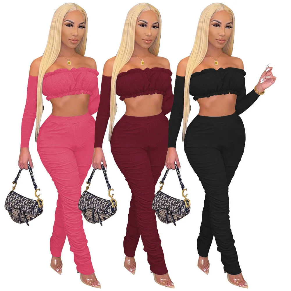 

Black/rose Red/burgundy Cascading Ruffles Two Piece Pant Suits Women Slash Neck Long Sleeve Crop Top and Stacked Pant Outfits