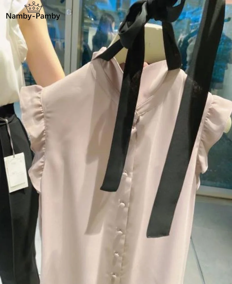 

Japan Style Flying Sleeve Drawstring Bow Design Shirts Chic Ruffles Single Breasted Women Blouse Summer Fresh Sweet Blusas