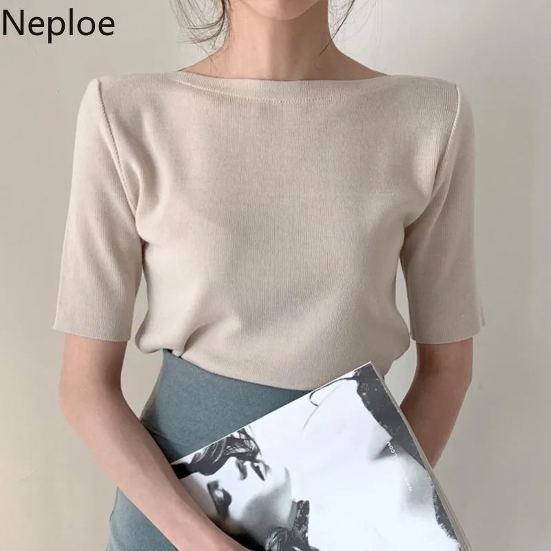 Хлопковая Базовая футболка Neploe Женские однотонные топы с круглым вырезом и