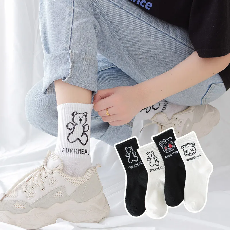 

Women Cute Cartoon Cotton Japanese Korean Socks Christmas Kawaii Bear Sailor Harajuku Slouch Streetwear Female White Black Sock
