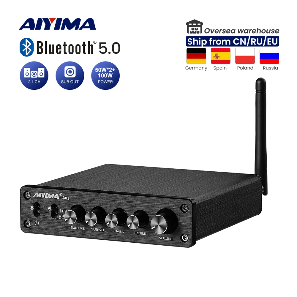 Amplificadores de Potência Amplificador de Som 50wx2 + 100w Aiyima Subwoofer Amplificador Bluetooth Alta Fidelidade Tpa3116d2 2.1 Digital A03 Tpa3116