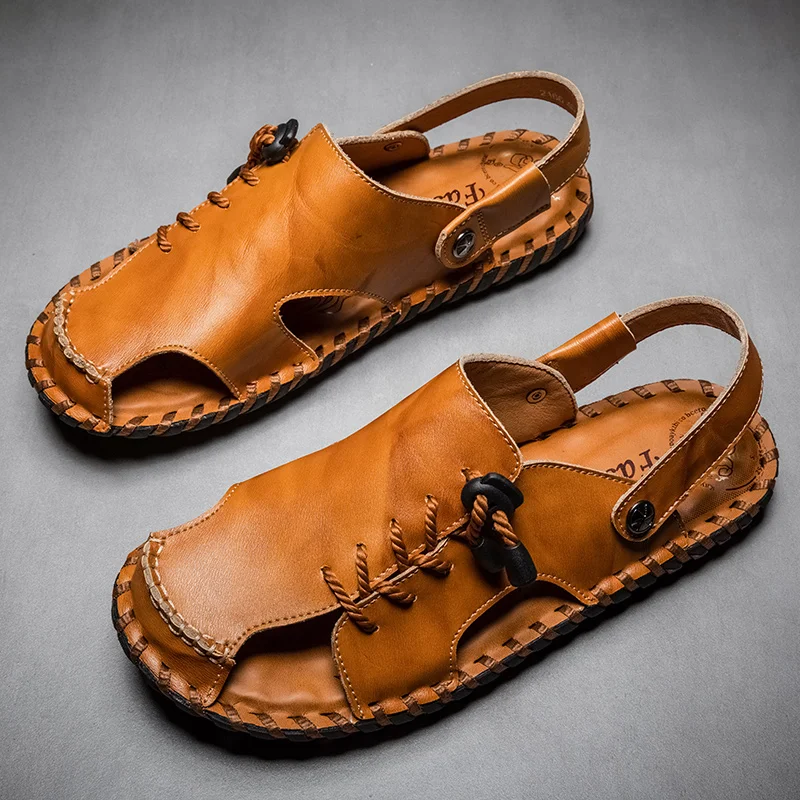 

2021 Men's genuine Leather Sandals Outdoor Breathable Trendy Fashion Handmade Summer Casual Flat Beach Shoes Men's footwear