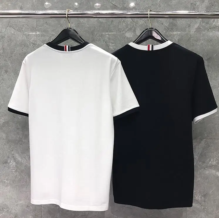 

TB 2021 Fashion THOM Brand T-shirt O-Neck Patchwork Short-sleeved T-shirt Men Women Cotton Couple Solid Summer Casual Clothing