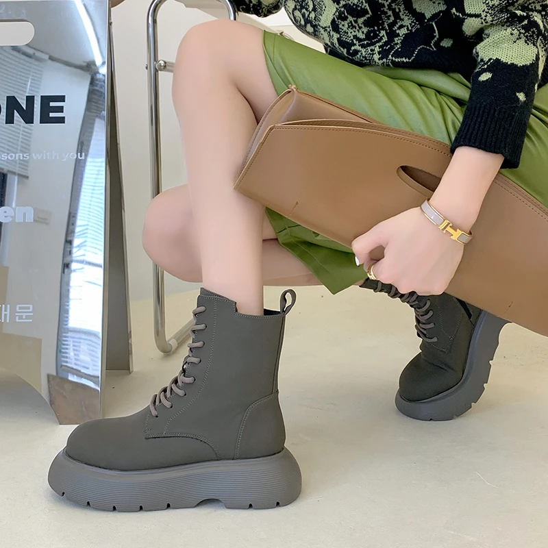 Autumn Boots Women's Shoes Women's Shoes Fashion Round Leather Ankle Boots 2021 New Winter Stretch Gray Boots Comfortable Boots