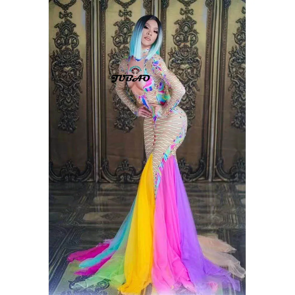 

elegant rainbow dress prom mermaid long sleeve tight print mesh dress for wedding party birthday women designer runway clothing