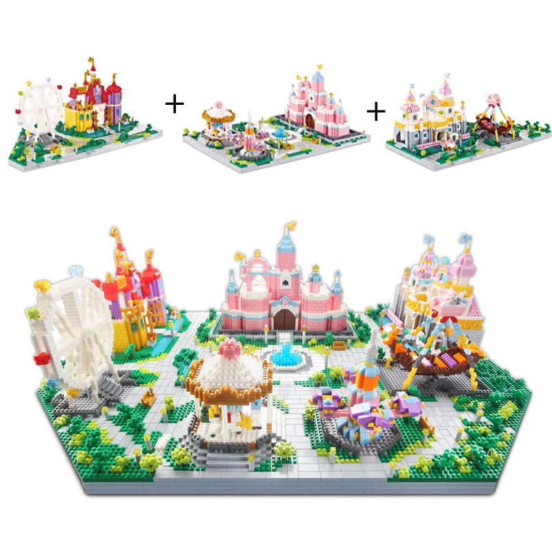 

7416PCS Mini Diamond Bricks Princess Pink Castle Amusement Park Model Building Blocks Ferris Wheel Pirate Ship Bricks Girls Toys