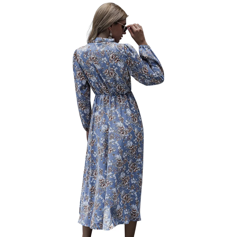 

Floral Print Women Midi Dress Fashion Long Lantern Sleeve Bow Collar Elegant Female Party Dresses Casual Plus Size Club Dress