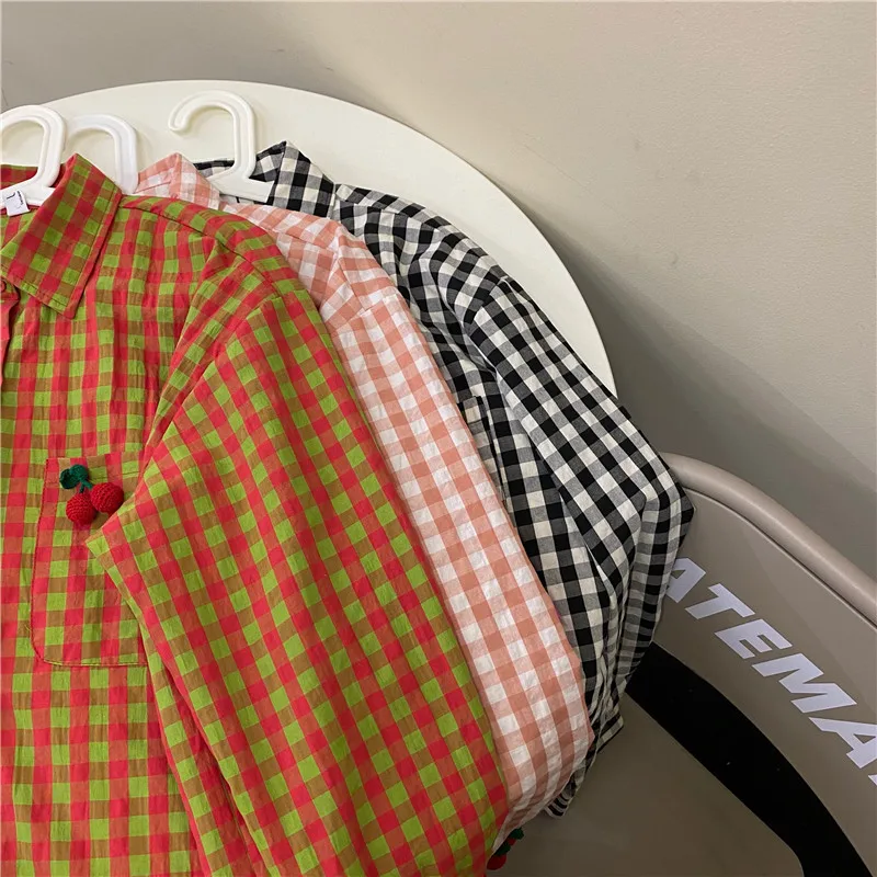 

Sweet Style Loose Plaid Korean Clothes Women Blouses Fashion Brand Ulzzang Spring Autumn Shirts Ladies Tops Turn-down Collar New