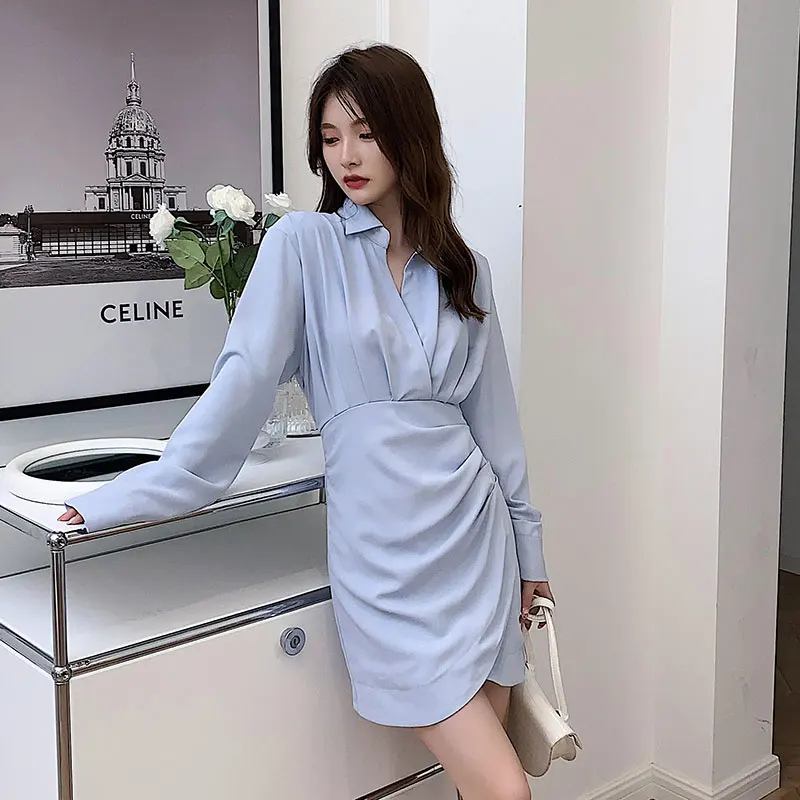 

2021 Autumn New Korean Style Women Waist Slim Long Sleeve Shirt Dress Female Design Sense Pleated Light Blue Casual Dresses