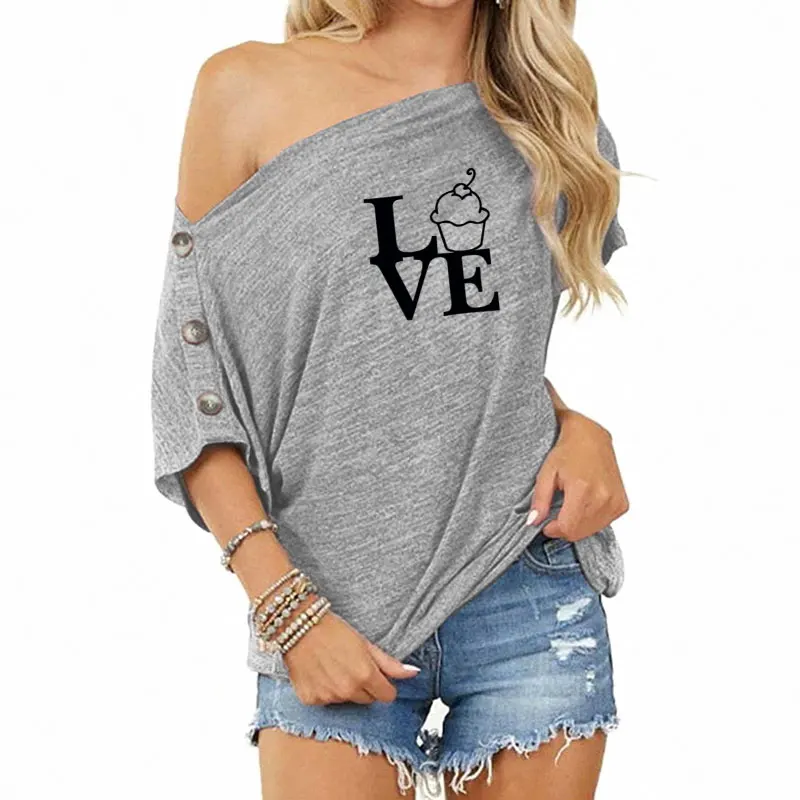 

2021 new love office printed short sleeve loose off the shoulder button women's casual cotton T-shirt loose fun