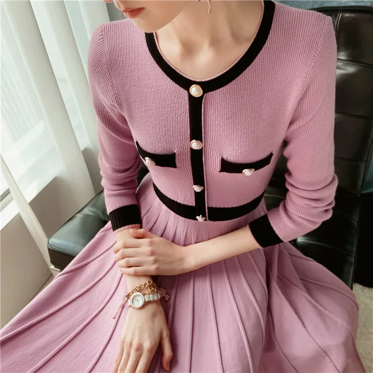 

Single Breasted Fit and Flare Dress Female Elegant Pink Knit Dress Women Autumn Winter O-Neck Long Sleeve