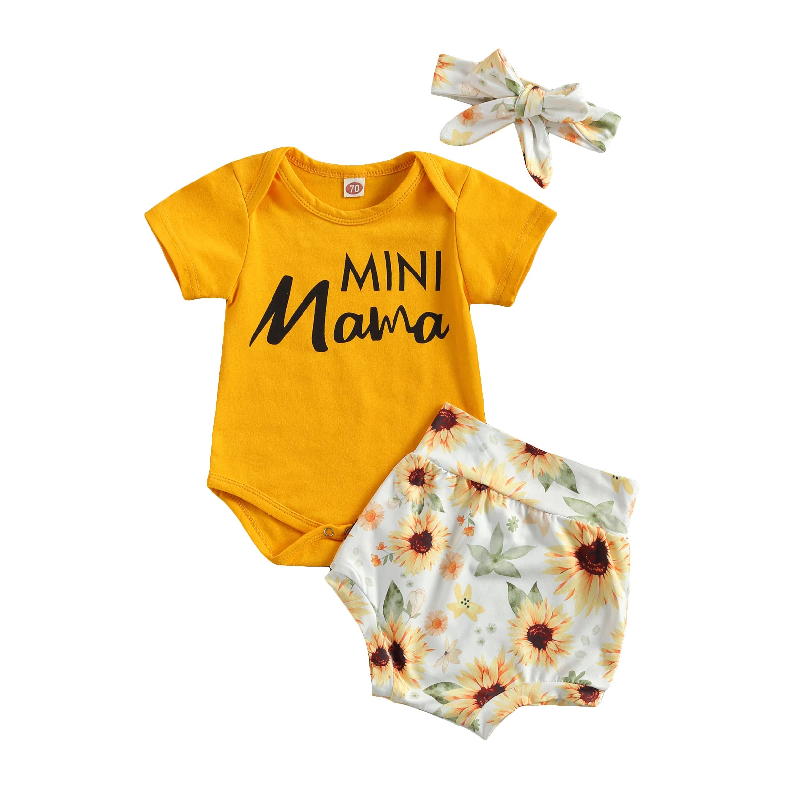 

Newborn Baby Girls Clothing Set Short Sleeve Letter Romper + Sunflower Shorts Summer Clothes 0-24M