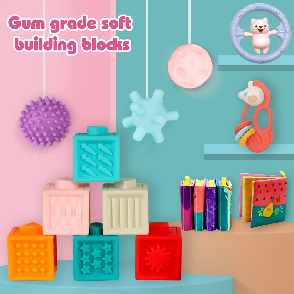 3WBOX Baby Grasp Toy Building Blocks 3D Touch Hand Soft Balls Massage Rubber Teethers Squeeze Sensory Silicone Bath Toys for bab | Игрушки и