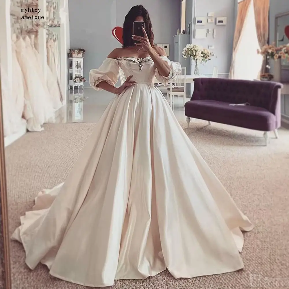 

Half Satin Sweetheart Sweep Train Floor-length Lace Up A-line Off The Shoulder Long Sleeve Sexy Wedding Dress 2023 Plus Size