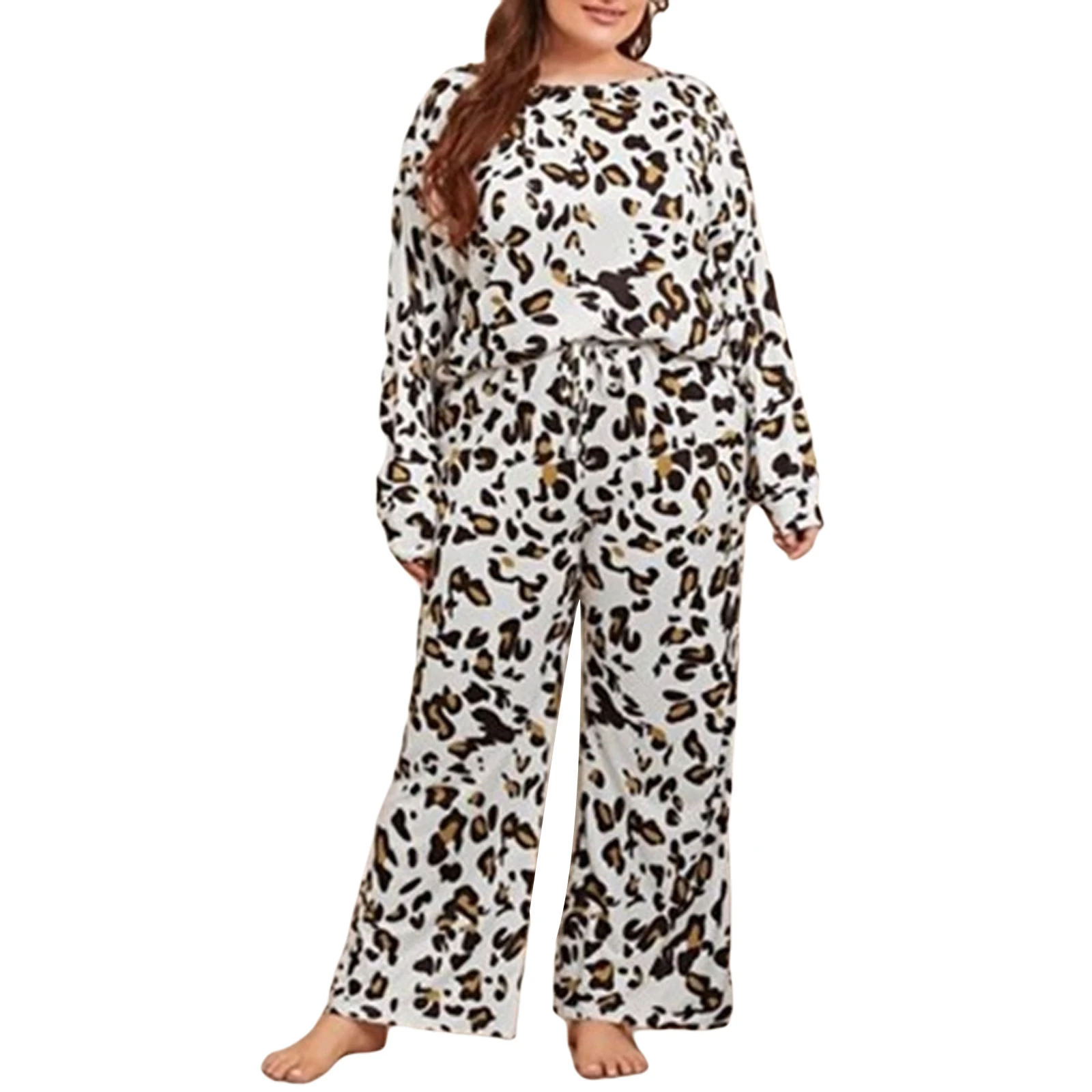 

2 Pcs Lady Fashionable Large Size Leopard Print Pajamas Set Round Neck Long Sleeve Casual Pullover Loose Trousers